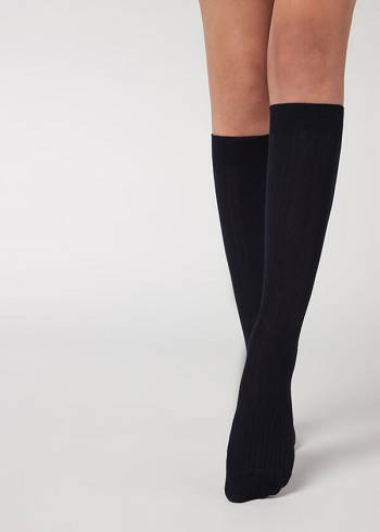 Calzedonia Gerippt Long with Cashmere Socken Damen Blau | AT2253ZG