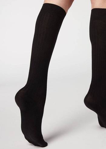 Calzedonia Gerippt Long with Cashmere Socken Damen Schwarz | AT2254XF