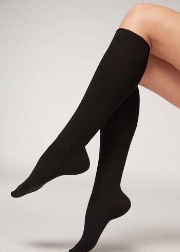 Calzedonia Gerippt Long with Wolle and Cashmere Socken Damen Schwarz | AT2256VD