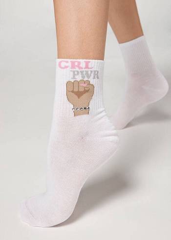 Calzedonia Girl Power Print Kurzes Socken Damen Weiß | AT2435XF