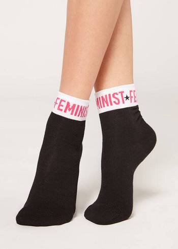 Calzedonia Girl Power Print Kurzes Socken Damen Schwarz | AT2439JJ
