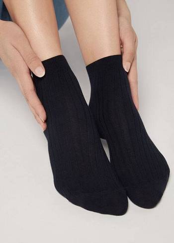 Calzedonia Kurzes Gerippt with Baumwoll and Cashmere Socken Damen Blau | AT2512CE