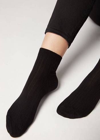 Calzedonia Kurzes Gerippt with Baumwoll and Cashmere Socken Damen Schwarz | AT2514ZG