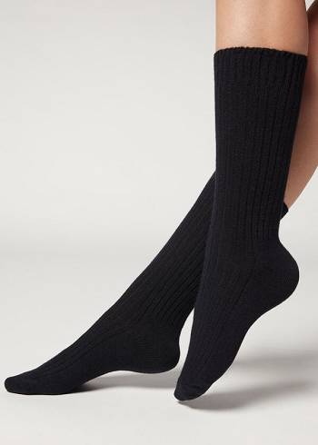 Calzedonia Kurzes Gerippt with Wolle and Cashmere Socken Damen Blau | AT2518HK