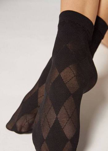 Calzedonia Kurzes in Diamond Motif Mesh Socken Damen Schwarz | AT2502YU
