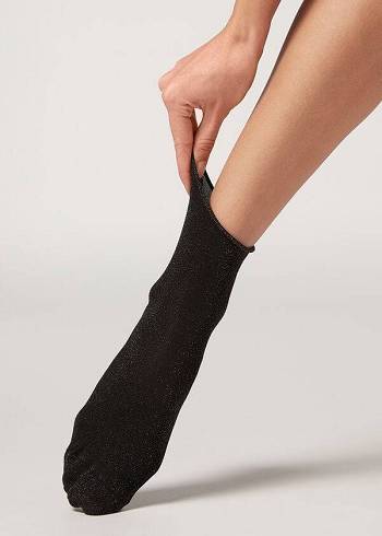 Calzedonia Kurzes with Glitter Socken Damen Schwarz Grau | AT2523AP