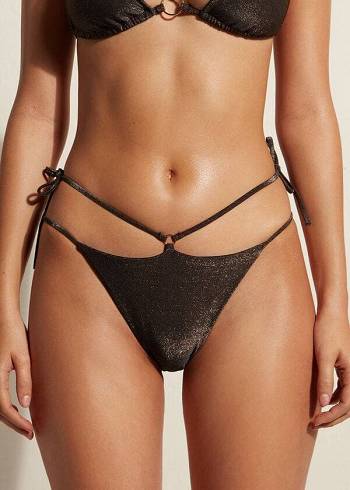 Calzedonia Lamé Brazilian Side String Hollywood Bikinihosen Damen Schwarz | AT1485YU