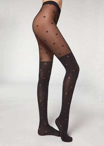 Calzedonia Longuette-Effect Mini Heart-Motif Patterned Strumpfhose Damen Schwarz | AT1111CE